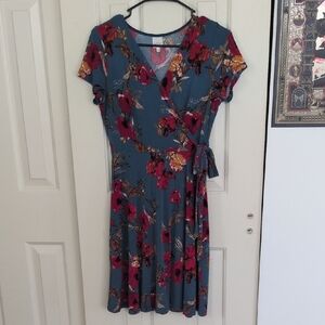 Kaileigh Teal Wrap Midi Dress with Fuchsia & Mustard Floral Print